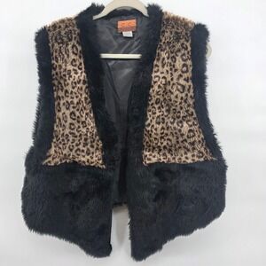 CC Exclusives Womens  Lg/ XL Leopard Fur Trim Vest Black Beige y2k party rave